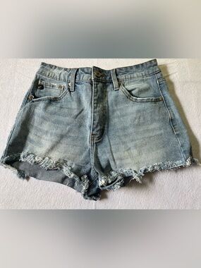 KanCan Faded Light Blue High-Rise Distressed Denim Shorts